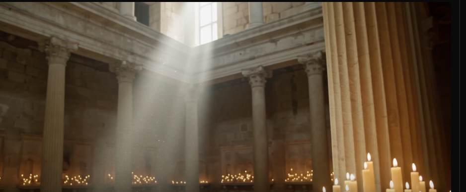 Atrium aux colonnes de pierre, faisceau de lumière et bougies au premier plan, image extraite du clip Flux 3 de 5 s
