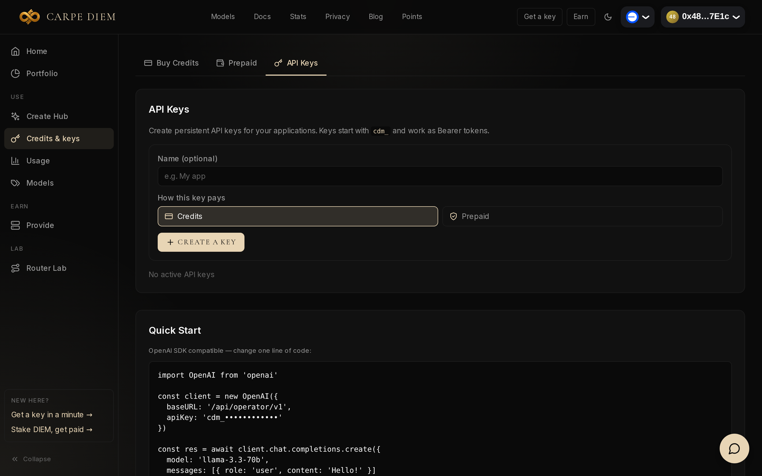 Buyer dashboard API Keys tab: name field, Credits or Prepaid, Create a key button.