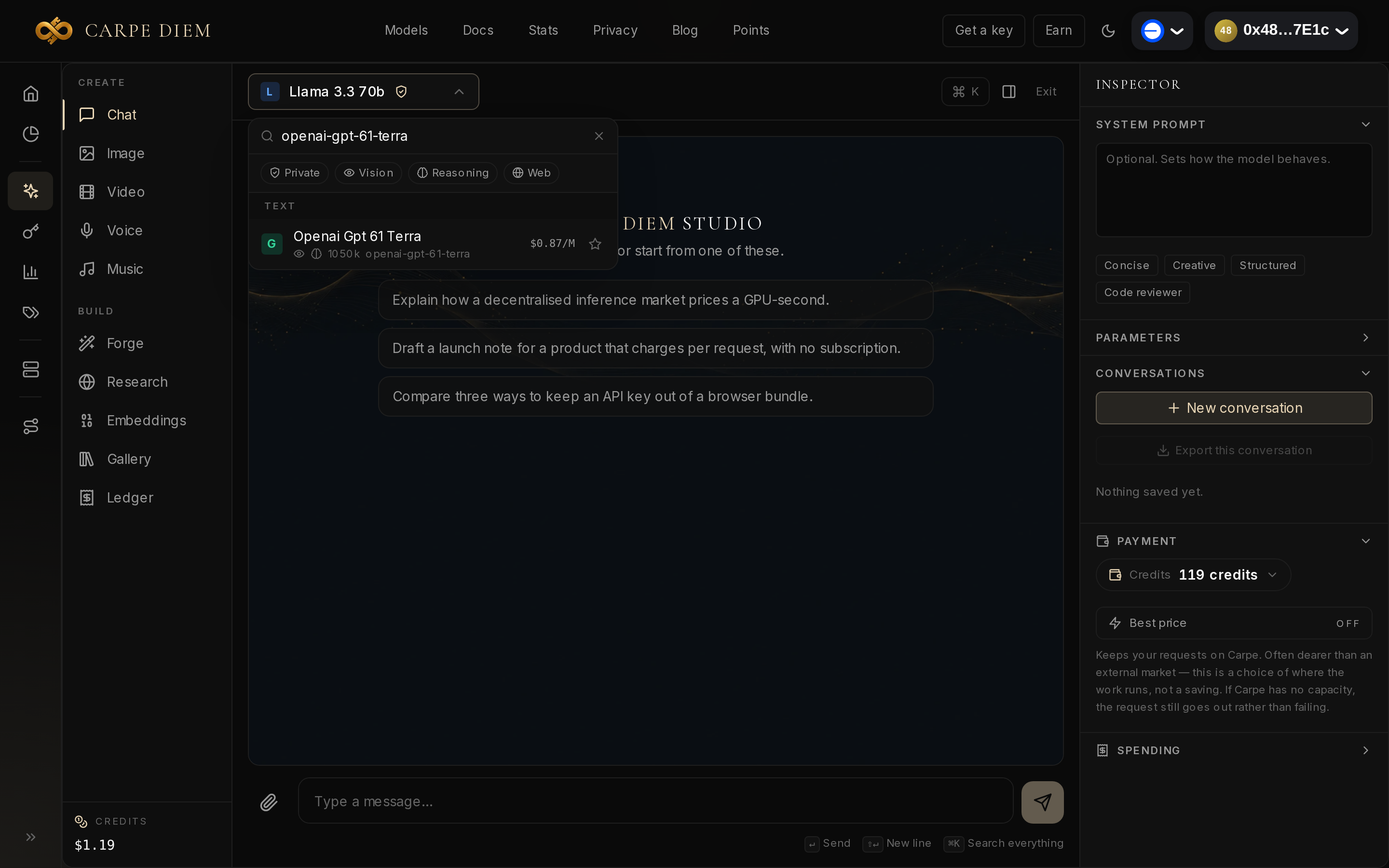 Seletor de modelos do estúdio Chat: pesquisa openai-gpt-61-terra, uma linha Openai Gpt 61 Terra, 1050 k, 0,87 $/M
